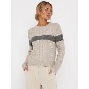 SWTR Merino Wool Cashmere Cable Knit Striped Sweater Oatmeal Gray XS